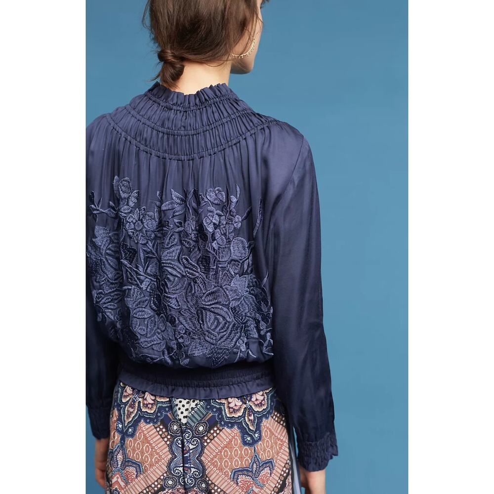 Love Sam Blue Alexe Bomber Jacket Floral Embroidered V-Neck Zip Size Medium M